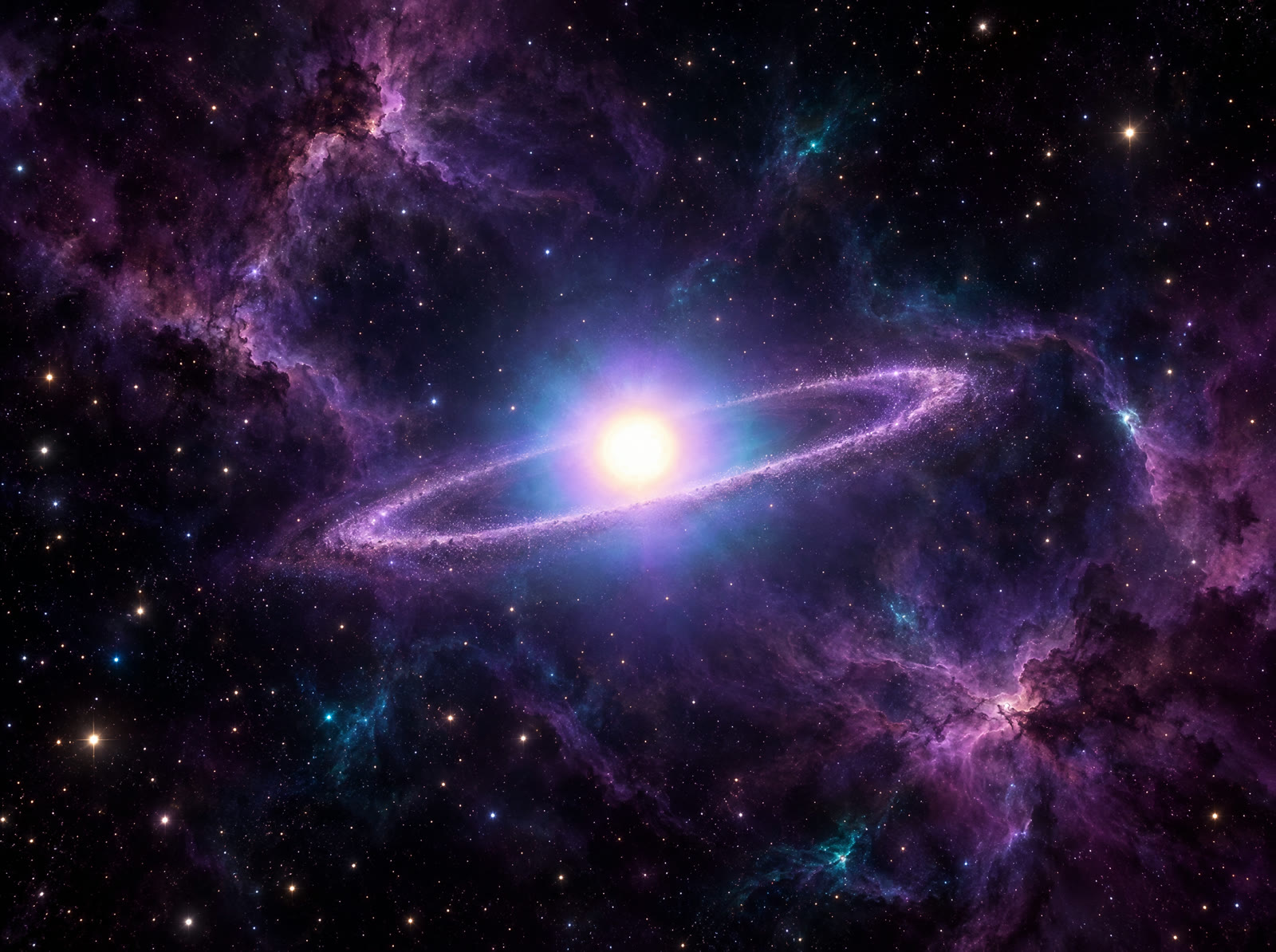 A newborn star glowing inside a thin lavender orbit ring.